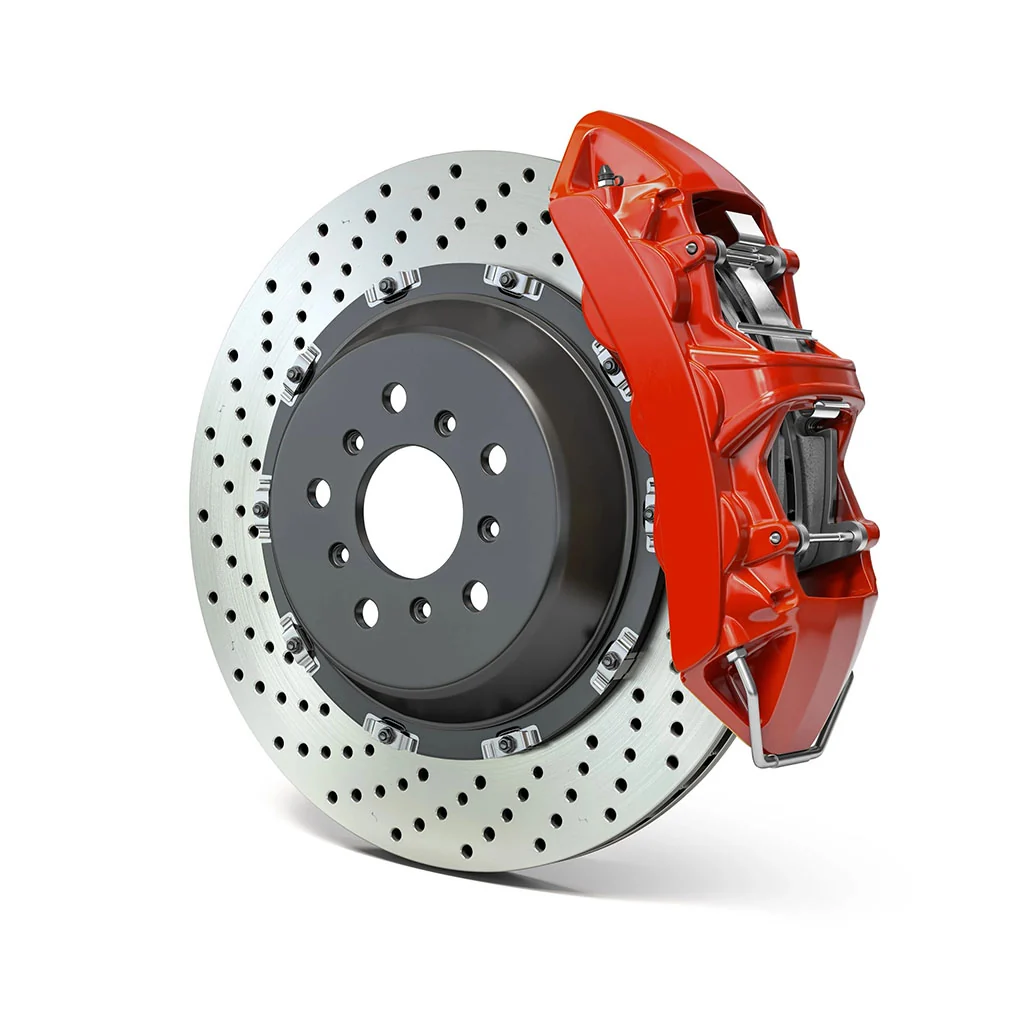 Close-up of a vehicle brake rotor and pad during inspection