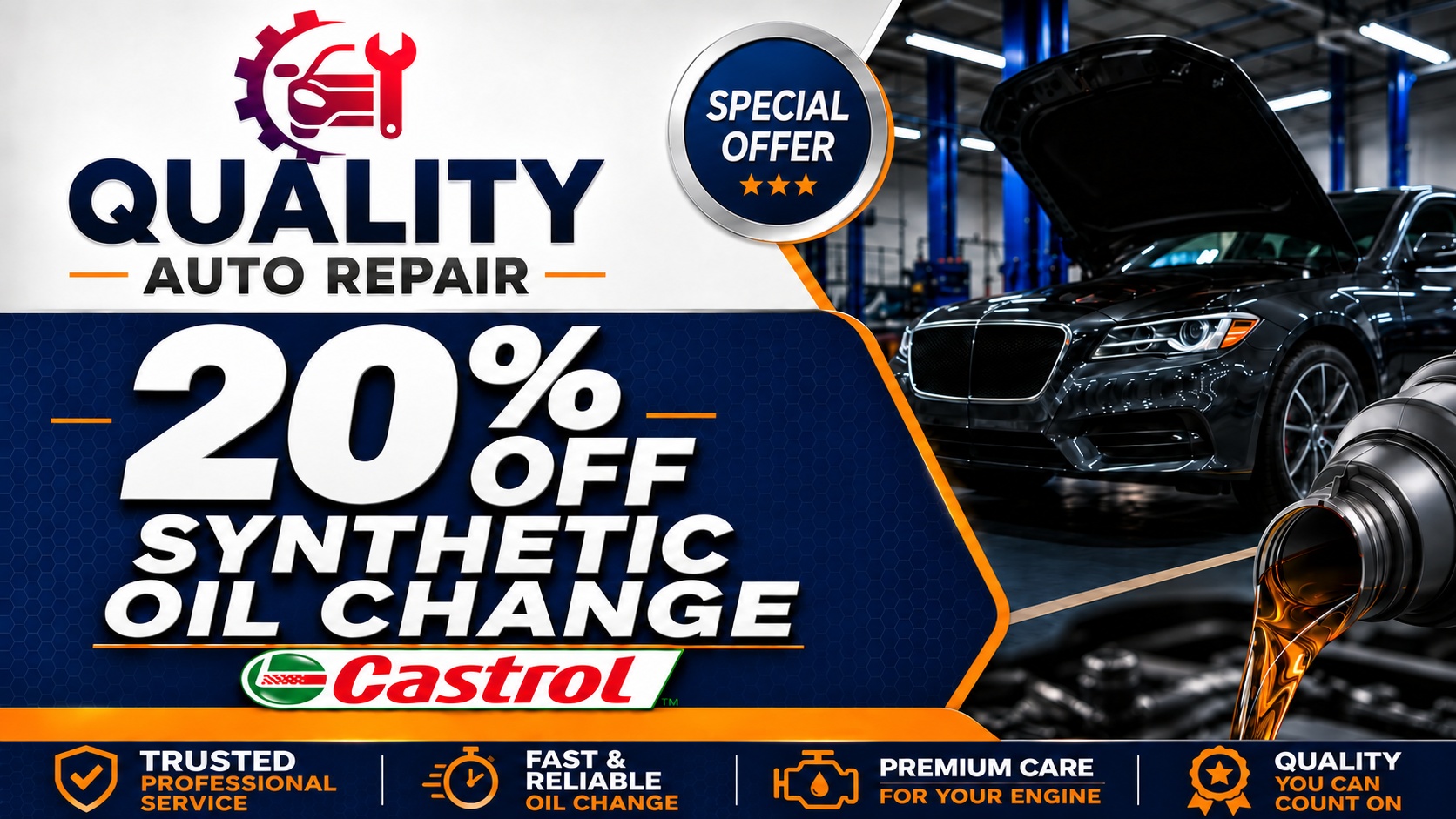20% off synthetic oil change Castrol offer