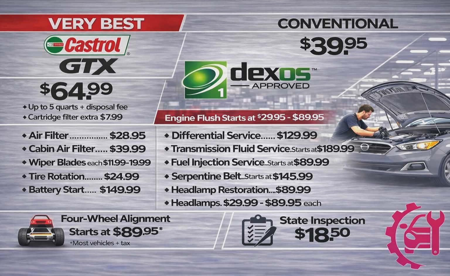 Quality Auto Repair pricing board and services advertisement